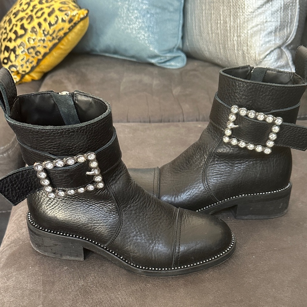 Zadig & Voltaire Black Leather Moto Boots with Rhinestone Buckle